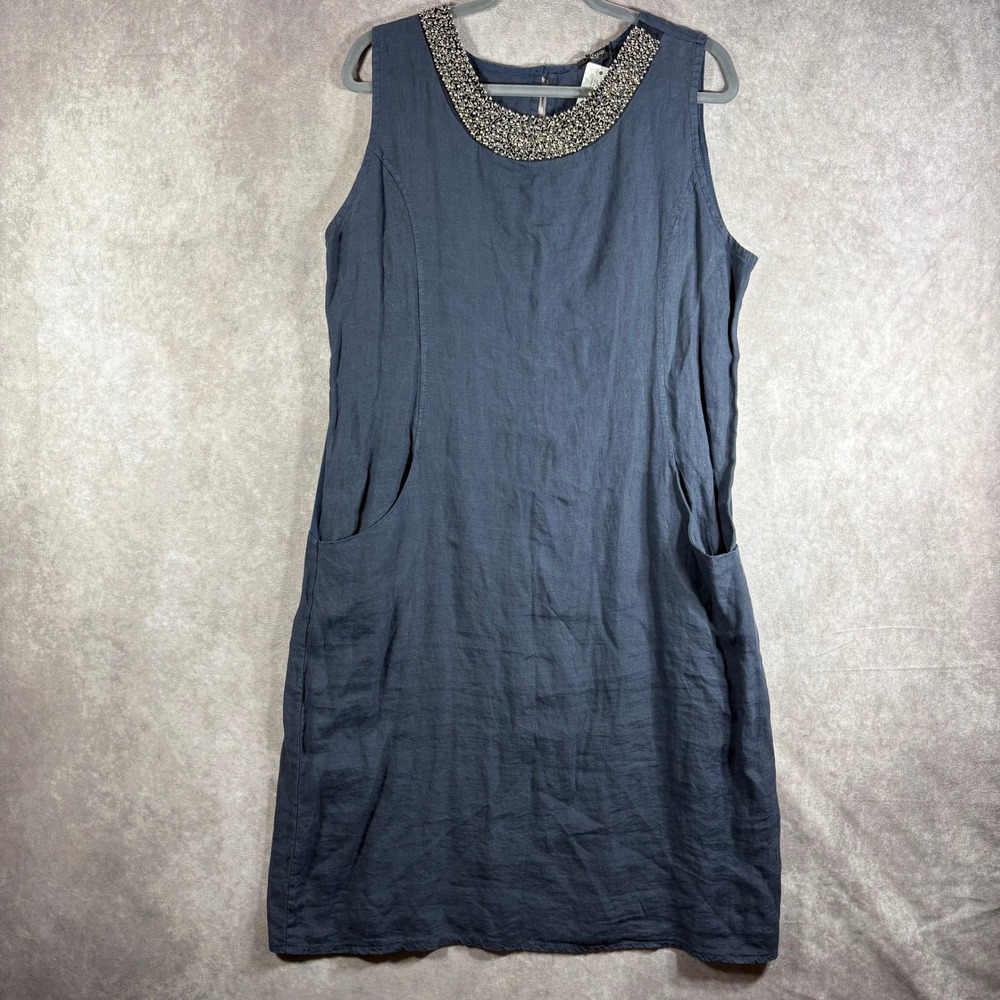 Lungo L'Arno Dress Womens 1X Navy‎ Blue Linen Beaded Neckline Made In Italy NEW